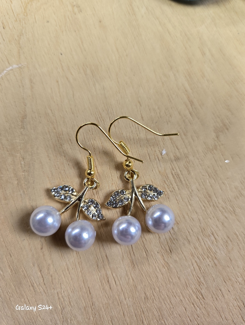 Handmade Goldtone Cherry Earrings With Sparkly Leaves